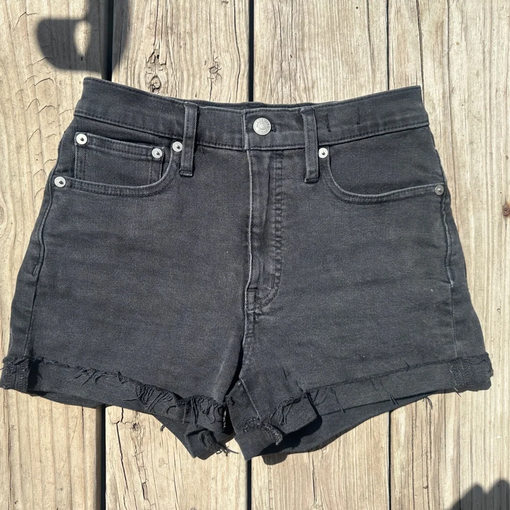 Madewell High Rise Black Distressed Denim Shorts, Size 24”